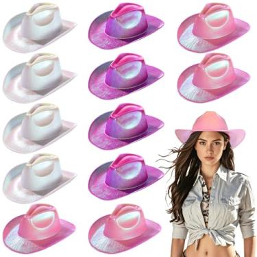 Imagem de Homaisson 12 peças de chapéus de cowboy neon gradiente para mulheres, chapéus de aba larga fluorescentes iluminados, acabamento brilhante pérola, cordão ajustável, acessório de fantasia de festa e