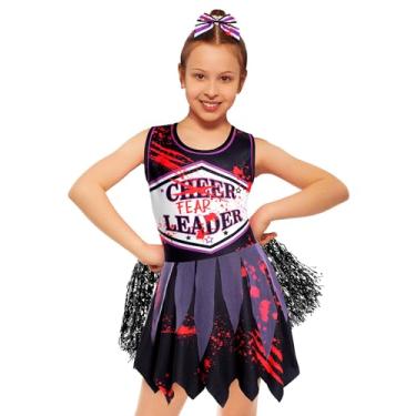 Imagem de JenPen Scary Halloween Cheerleader Outfit for Girls Bloody Cheerleader Costume Bow for Dress up Cosplay Party(5-7 Years)