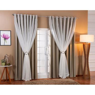 Imagem de Cortina Voil Forro Blackout Tecido 4,00X2,70 Palha/Branco
