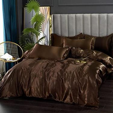 Imagem de Conjunto de cama queen de cetim de seda, luxuoso, chocolate, sedoso, macio, café escuro, decoração de quarto, colcha de cama elegante e sedosa com zíper (1 capa de edredom + 2 fronhas)
