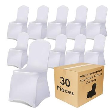 Imagem de Craft And Party Pacote com 30 capas de cadeira de elastano branco – Capas de poliéster elástico para casamentos, banquetes, festas e cadeiras de jantar – design frontal plano, ajuste universal