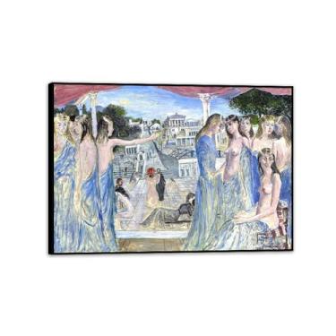 Imagem de Paul Delvaux Arte de parede Le Choeur Estudo Impressão em tela Surrealismo Arte famosa pintura reprodução pôster quarto sala decoração casa 100x70 cm (99.1x71.1 cm) preto emoldurado