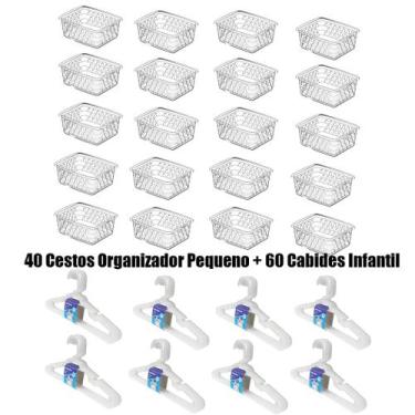 Imagem de Kit 40 Cestos Organizador Pequeno 16x12x6cm + 60 Cabides Transparente 
