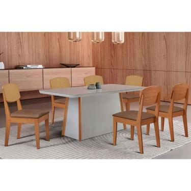 Imagem de Mesa Cozinha Tilia c/ Tampo Madeirado c/ Vidro Canto Curvo 180x90cm e 6 Cadeiras Havana Premium Naturale/Off White - Corano Capuccino-Rufato