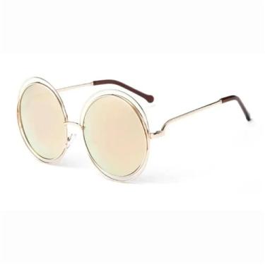 Imagem de Óculos de sol vintage com lentes redondas e espelhadas, armação de metal, óculos de sol femininos, estilosos, 10, dourados, rosa, altura da lente: 6,2 cm
