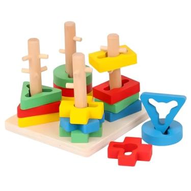 Imagem de Torre Prancha de Encaixe Montessori em Madeira com Formas Geométricas Coloridas - Brinquedo Educativo Infantil para Coordenação Motora, Lógica e Reconhecimento de Cores e Tamanhos