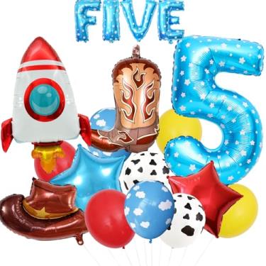 Imagem de 18pcs Cartoon Toy Themed Party Decorations, Number 5th Boys And Girls Birthday Party Supplies, Cowboy Hat Boots Rocket Mylar Foil Balloon, Red Blue Yellow Balloons With Cow Print (5th)