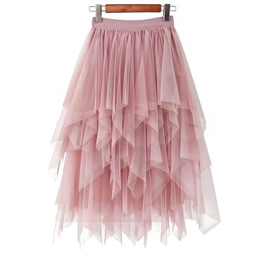 Imagem de LBKKC Saia feminina de tule formal alta baixa assimétrica comprimento midi cintura elástica tutu saias de fadas fofas em camadas, Rosa nude, M-G