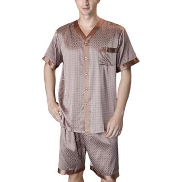 Imagem de Conjunto De Pijama De Seda De Manga Curta Para Homens Com Shorts, Pijamas De Duas Peças, Brown, XXL