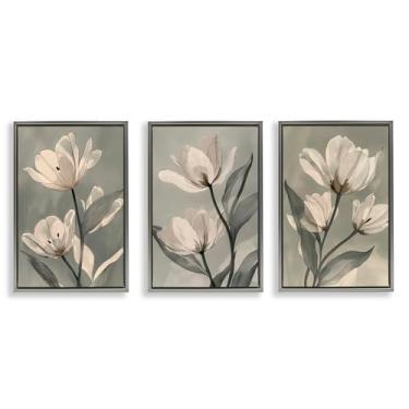Imagem de Stupell Industries Flower Trios Portraits Conjunto de 3 peças de tela flutuante emoldurada cinza, design por Annabelle Hall, 78 x 53 cm