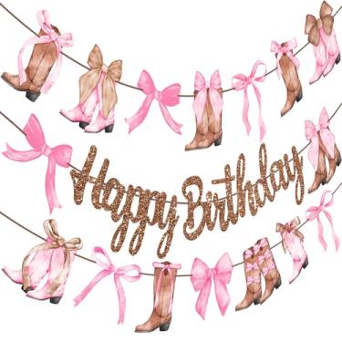 Imagem de 3 peças bandeira de festa de aniversário estilo caubói menina ocidental aquarela rosa rodeio decoração de festa de aniversário do oeste selvagem suprimentos para festa de aniversário