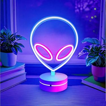 Imagem de HFHungkeong Luminária de néon alienígena com base estável e interruptor tocável, USB ou 3 pilhas AA LED neon para decoração de quarto, parede e quarto, festa de homem, presente de aniversário e Natal