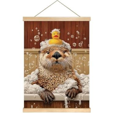 Imagem de Arte de parede Golden Retriever - Cachorro fofo no banho com pato de borracha, pôster de linho de 35,5 x 47 cm para decoração de banheiro, loja de cuidados de animais de estimação ou presente para