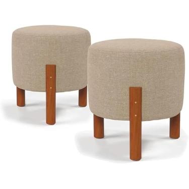 Imagem de Kit 2 Puff Banquinho Redondo Decorativo Thor em Linho Premium Pés Madeira Cor Bege - AvelinoSpace