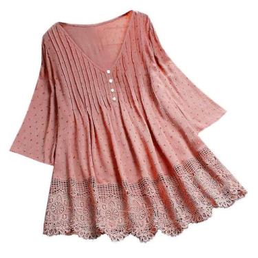 Imagem de Blusa feminina vintage jacquard três quartos de renda com decote em V 