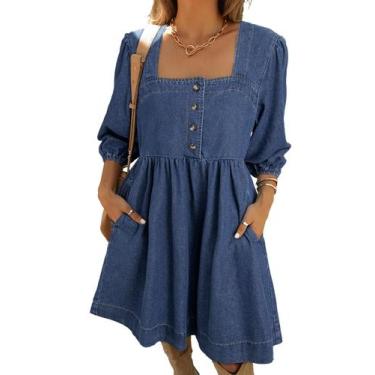 Imagem de Vestido jeans Sidefeel, primavera, verão, manga 3/4, azul escuro, femi