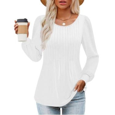 Imagem de Camisa ZESICA, manga comprida, gola redonda, túnica plissada - branca