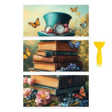 Imagem de Peacoblue Adesivo decalque de transferência para decoração de artesanato de móveis 15 x 30 cm pilha de livros mágicos e um chapéu, 3 peças à prova d'água UV DTF transferência para gaveta cômoda vidro