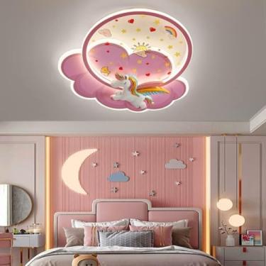 Imagem de Luminária de teto LED para quarto infantil, luminária de teto moderna regulável com controle remoto, design de unicórnio astronauta, iluminação para quarto de meninos e meninas, sala de esta