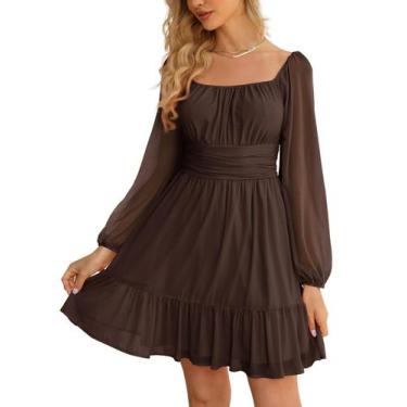 Imagem de Vestido Wenrine Mesh, manga comprida, gola quadrada, uma linha, café