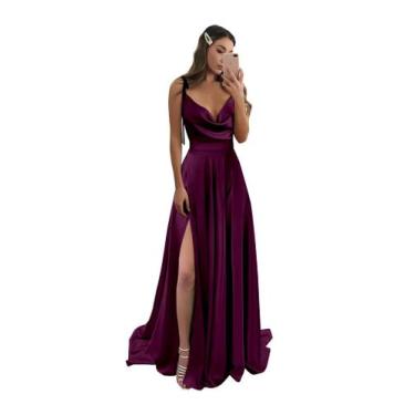 Imagem de Vestido Monvelli Plum Satin de dama de honra com bolsos e gola alta