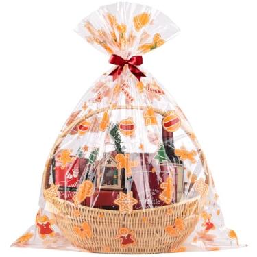 Imagem de CUDICY Sacos de presente de celofane de Natal 10 peças de embrulho grande de presente de Natal 61 x 76 cm plástico transparente para embrulho de cesta de presente (pão de gengibre)