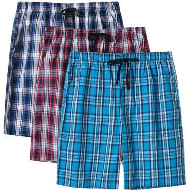 Imagem de Shorts de pijama masculinos de algodão xadrez MoFiz, pacote com 3 bols