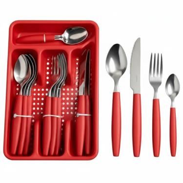 Imagem de Jogo de Talheres 17 Peças em Aço Inox com Porta Talher, Suporte Gaveteiro Vermelho – Faqueiro para 4 Pessoas, Utensílios de Cozinha, Enxoval