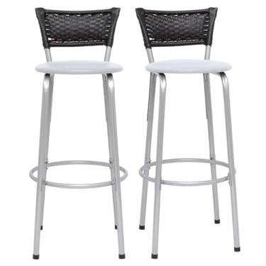 Imagem de Banqueta Altas Junco Preto Estrutura Prata 70cm Para Balcão Cozinha, Bar, Bistrô, Americano Kit 02 Unidades - Itagold (Assento Branco)