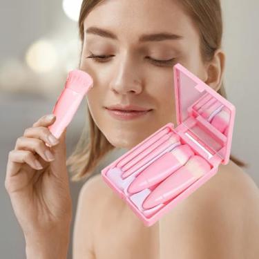 Imagem de Conjunto de pincéis de maquiagem para viagem com 5 peças, kit completo de pincéis cosméticos com espelho (rosa)