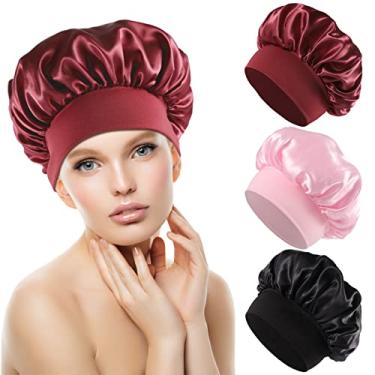 Imagem de 3 peças de gorro de cetim de seda para dormir, touca de cabelo de seda para mulheres dormindo com faixa elástica larga, gorro de cetim macio para dormir à noite (preto, vinho, rosa)