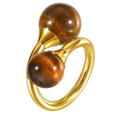 Imagem de Kokoma Anel de declaração de pedra de olho de tigre duplo para mulheres, anel redondo de aço inoxidável, anel empilhável, joias modernas, 6,7,8,9, Metal, Sem pedra preciosa