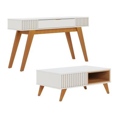 Imagem de Kit Aparador Para Sala De Estar Com Mesa De Centro Delta 01 Gaveta C04 Freijó Off White - Lyam Decor