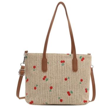 Imagem de Bolsa de palha grande capacidade feita à mão trança bolsa tiracolo bolsas tecido verão praia (marrom)