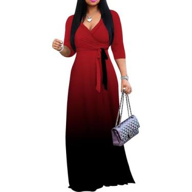 Imagem de Vestido maxi PinkPatty Gradient com decote em V e mangas 3/4 para mulh