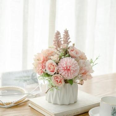 Imagem de TKAS Arranjo de flores falsas de seda artificial, pequenas rosas e hortênsias realistas em vaso de cerâmica, mesa de jantar para decoração de casa de festa de casamento (rosa)
