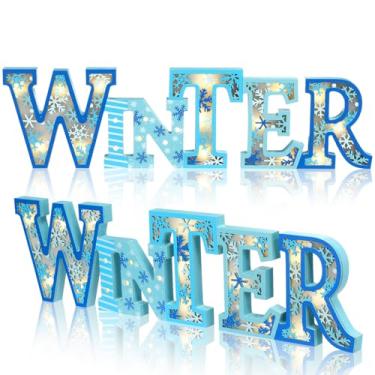 Imagem de Geetery Placa de madeira LED rústica com palavras de madeira placa de mesa centro de mesa decoração vintage decoração independente para mesa festa em casa (inverno azul)