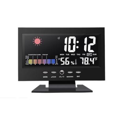 Imagem de Relógio com Tela Colorida de Calendário Perpétuo Temperatura e Umidade Eletrônico LCD Iluminação para Previsão do Tempo Meteorológico Grande Ativação por Voz