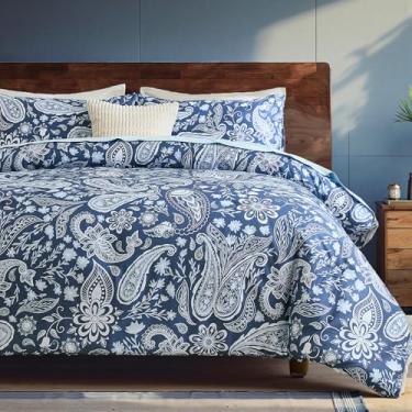 Imagem de Bedorm Conjunto de edredom King 100% algodão, azul marinho, paisley, floral, boêmio, chique, extra macio, aconchegante, vintage, todas as estações
