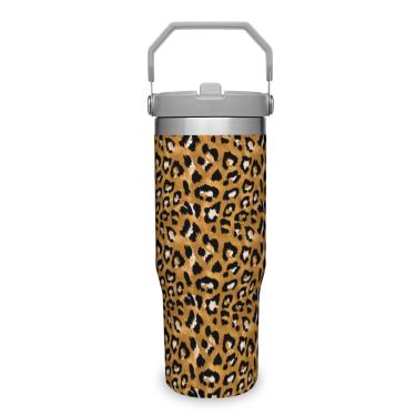 Imagem de Copos de 850 g Leopardo com Alça e Canudo Canecas de Viagem Parede Dupla Isolamento a Vácuo Copo de Carro de Aço Inoxidável À Prova de Vazamento Durável Isolamento Térmico Caneca de Café para