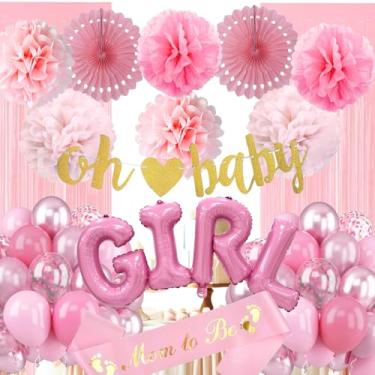 Imagem de Decorações de chá de bebê - Decorações de chá de bebê rosa empoeirado - Decoração de boas-vindas para meninas com balões rosa, pompons de papel, faixa de mamãe para meninas, decoração de chá de bebê