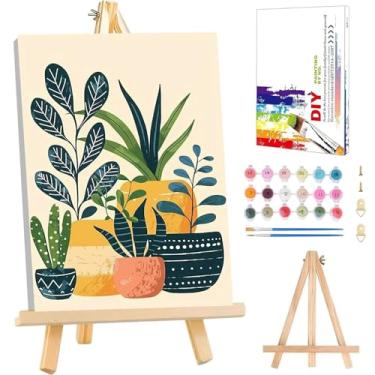 Imagem de Kit de pintura de plantas por números para adultos iniciantes - cavalete de madeira, pintura de plantas verdes por números com moldura, kits de pintura de adultos por números em tela, pintura a óleo