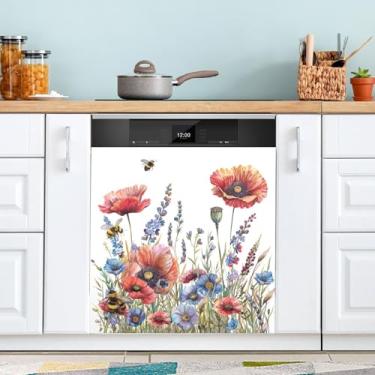 Imagem de ATTX Capa de ímã de lava-louças de flores silvestres e papoulas, 58,4 cm C x 66 cm A decoração da capa da máquina de lavar louça, decalques de armário doméstico eletrodomésticos adesivos #142