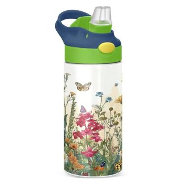 Imagem de Blueangle Garrafa de água de campo de flores silvestres isolada de aço inoxidável de 350 ml com tampa de canudo - Garrafa esportiva reutilizável à prova de vazamento para viagens, ao ar livre #160