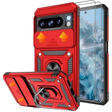 Imagem de Capa para Google Pixel 8 Pro 5G com protetor de tela (2 peças) e capa de câmera deslizante, suporte giratório magnético de 360° [grau militar] capa protetora para Pixel 8 Pro, vermelha