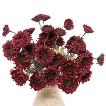 Imagem de LEUCHTAMOR 6 peças de margaridas artificiais gerbera, 30 cabeças de flores, margaridas falsas, buquê de flores artificiais realistas para casa, cozinha, sala de estar, banheiro (bordô)