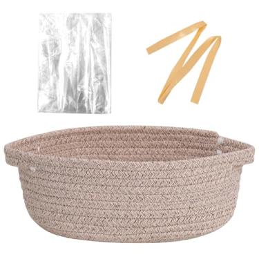 Imagem de LWYMX Cesta pequena com sacos de presente e fitas, cesta pequena de tecido, fofa, oval, corda de algodão, presente com alça vazia, cesta de armazenamento de vime de bebê para chás de bebê, caixa de