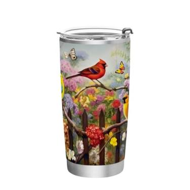Imagem de Wassud Copo de pintura de pássaros e flores de 590 ml com tampa e canudo, copo isolado a vácuo de parede dupla de aço inoxidável, caneca de café de viagem para bebidas frias e quentes