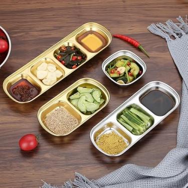 Imagem de Prato quadrado de aço inoxidável panela quente disco de tempero utensílios de mesa para churrasco, estilo: 2 grades (ouro)