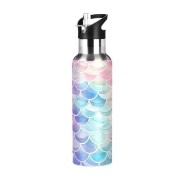 Imagem de Wassud Rainbow Mermaid Patterns Garrafa de água esportiva de aço inoxidável com isolamento a vácuo de 1000 ml com tampa de canudo à prova de vazamento, copo portátil, academia de viagem